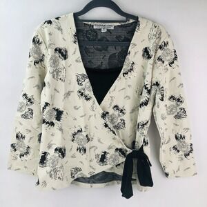 Andria Lieu Womens M Floral Black White Textured Knit Wrap Tie Top Shirt Long